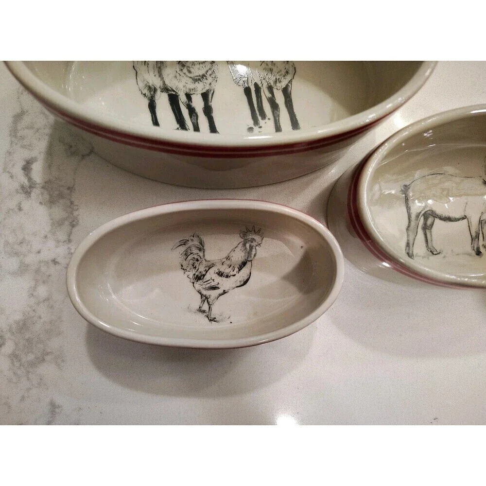 Creative Co-op M Chad Barrett Sheep Pig Rooster Bowl Farmhouse Nesting Ramekins
